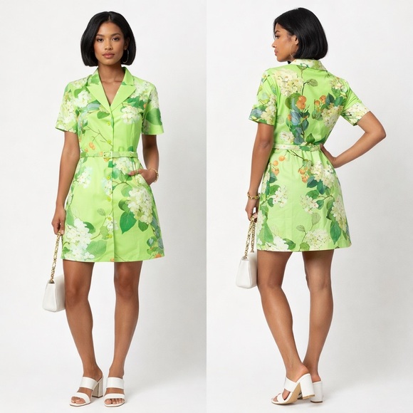 Leo Lin Brigitte Mini Dress Hydrangea Lime Green Belted Cotton Size 6 US NWT - Picture 14 of 14